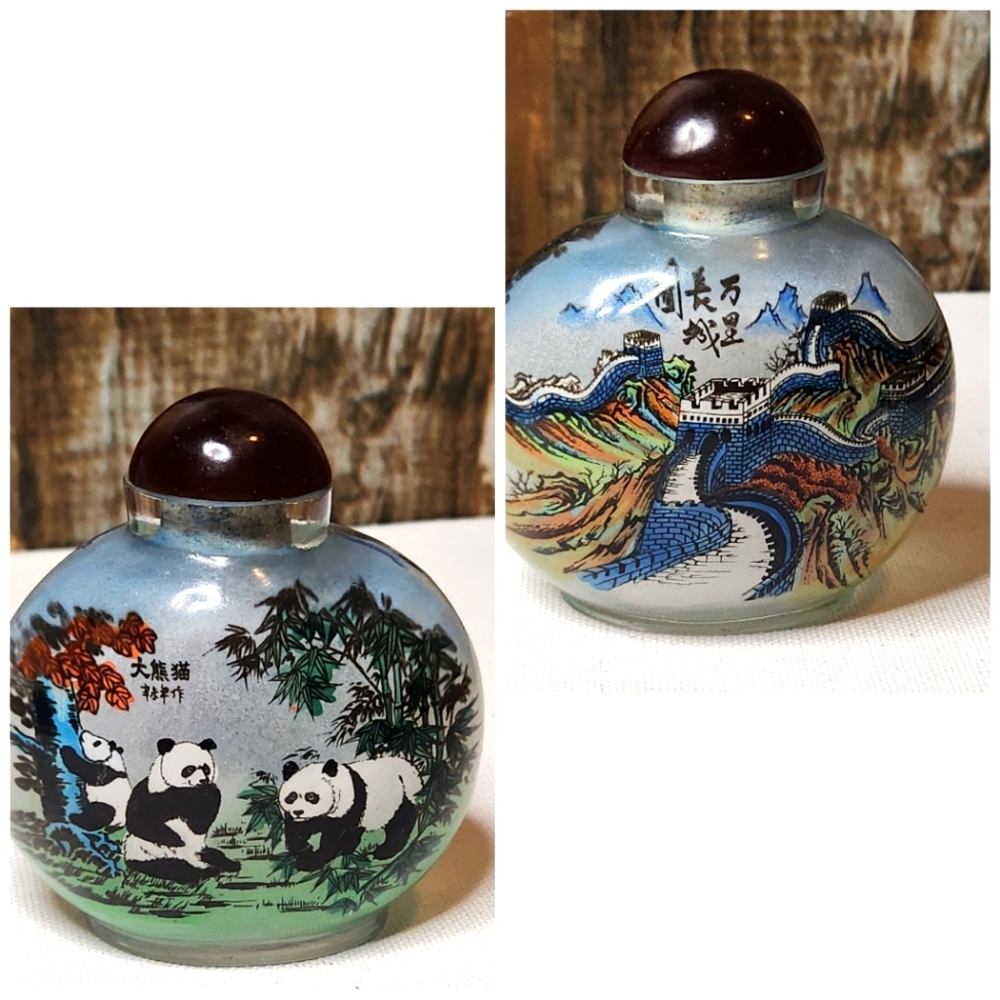 Vintage Glass Snuff Bottle Inside Reverse Painted Great Wall Panda Landscape 3"